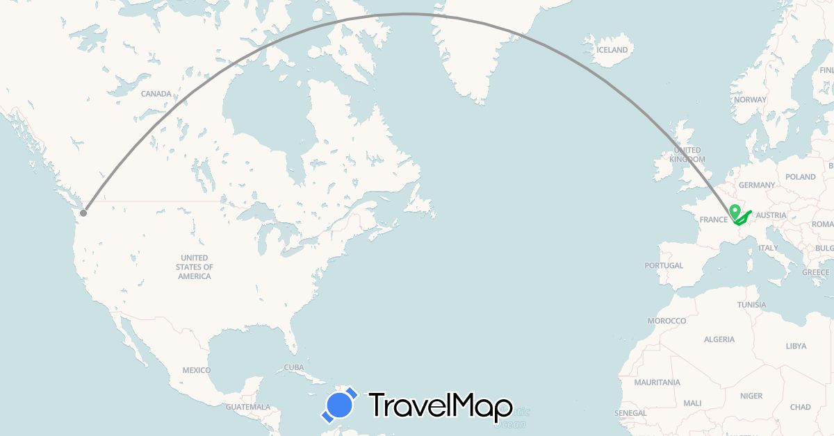 TravelMap itinerary: driving, bus, plane in Switzerland, Germany, France, United States (Europe, North America)